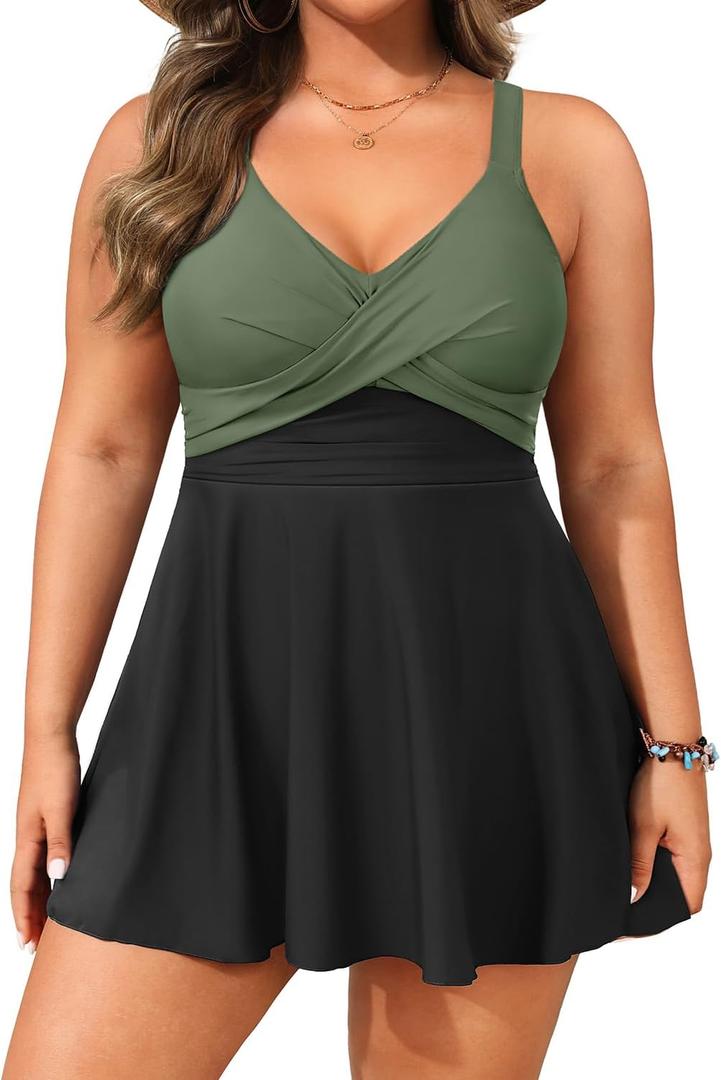 Aqua Eve Plus Size Swim Dress - Two Piece Tankini Swimsuit Tummy Control Bathing Suit with Shorts 2025 (Green, XXL)