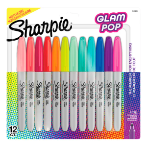 Sharpie Permanent Markers, Fine Point, Assorted Glam Pop Colors, Pack of 12