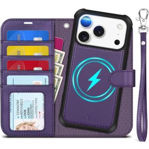 TUCCH 2-in-1 Removable Wallet Case for iPhone 17 Pro (6.3-inch) 2025, Wireless Charging | RFID Blocking 4 Card Holders | Wrist Strap | Kickstand | Magnetic | PU Leather Protective Cover | Deep Purple