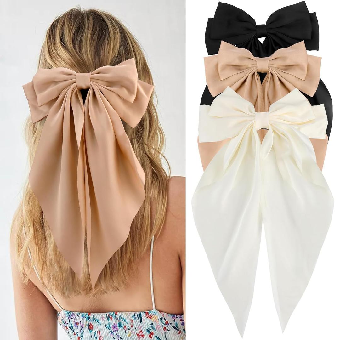 2 x Big Silky Satin Hair Bows 2pcs 3pcs 6pcs Pack for Women Hair Ribbons Oversized Long Tail White Black Pink Multicolor Large Hair Barrettes Metal Clips Bowknot Aesthetic Accessories DX Grandway