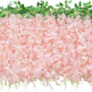 60 Branches Wisteria Hanging Flowers, 4Pcs Wisteria Artificial Flowers Garland, Artificial Wisteria Vine Silk Hanging Flower for Home Garden Outdoor Ceremony Wedding Arch Floral Decor (Pink)