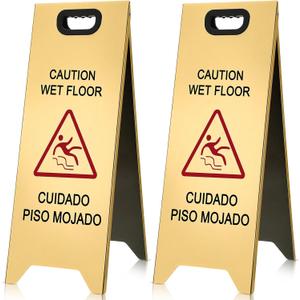 MorningRo 2 Pcs 24 Inch Stainless Steel Wet Floor Sign, Gold Heavy Duty Caution Wet Floor Sign Double Sided Portable Foldable Bilingual Safety Warning for Restaurant Restroom Office Avoid Fall