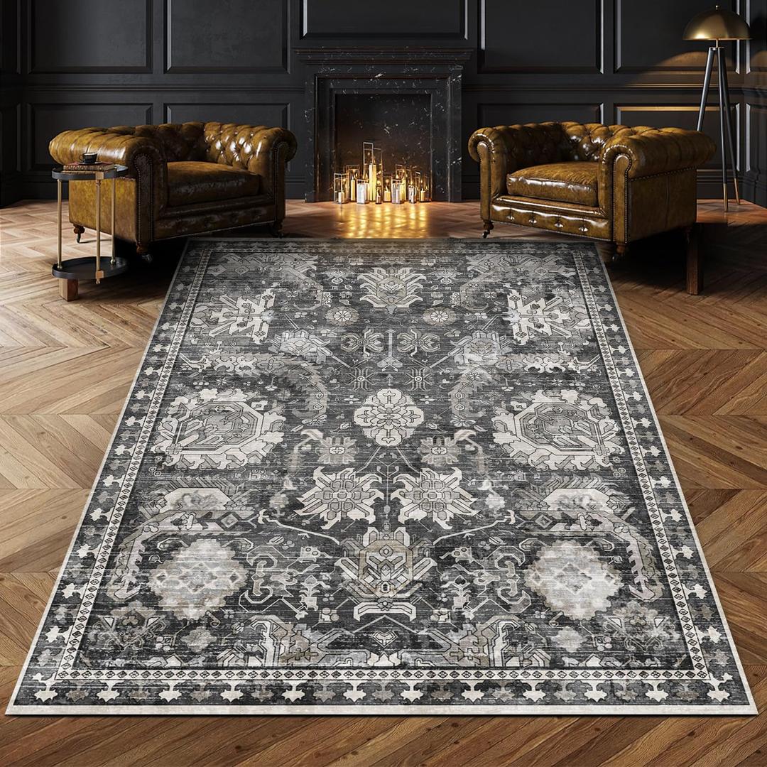 RUGSURE Washable Area Rugs - Perfect for Living Room, Bedroom, Kids Room, Nursery - Stain & Water Resistant Non-Slip, Pet & Child Friendly, Vintage Tribal Area Rugs (Grey, 4' x 6')