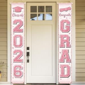 Pink Graduation Party Decorations Class of 2026 Porch Sign Congrats Grad Rose Gold Graduation Banners Door Hanging for High School College Party Supplies