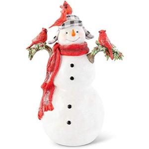 K&K Interiors 54383A 14 Inch Glittered Resin Snowman with 4 Cardinals, White and Red