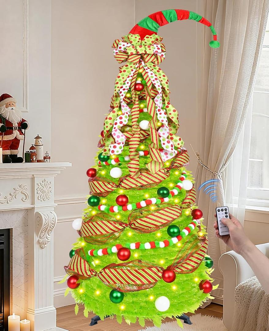 Krelymics 6FT Pop Up Christmas Tree Whimsical Christmas Tree with 200 LED Lights Remote Control & Ornaments, Collapsible Lime Green Xmas Tree with Santa Hat & Bow Tree Topper
