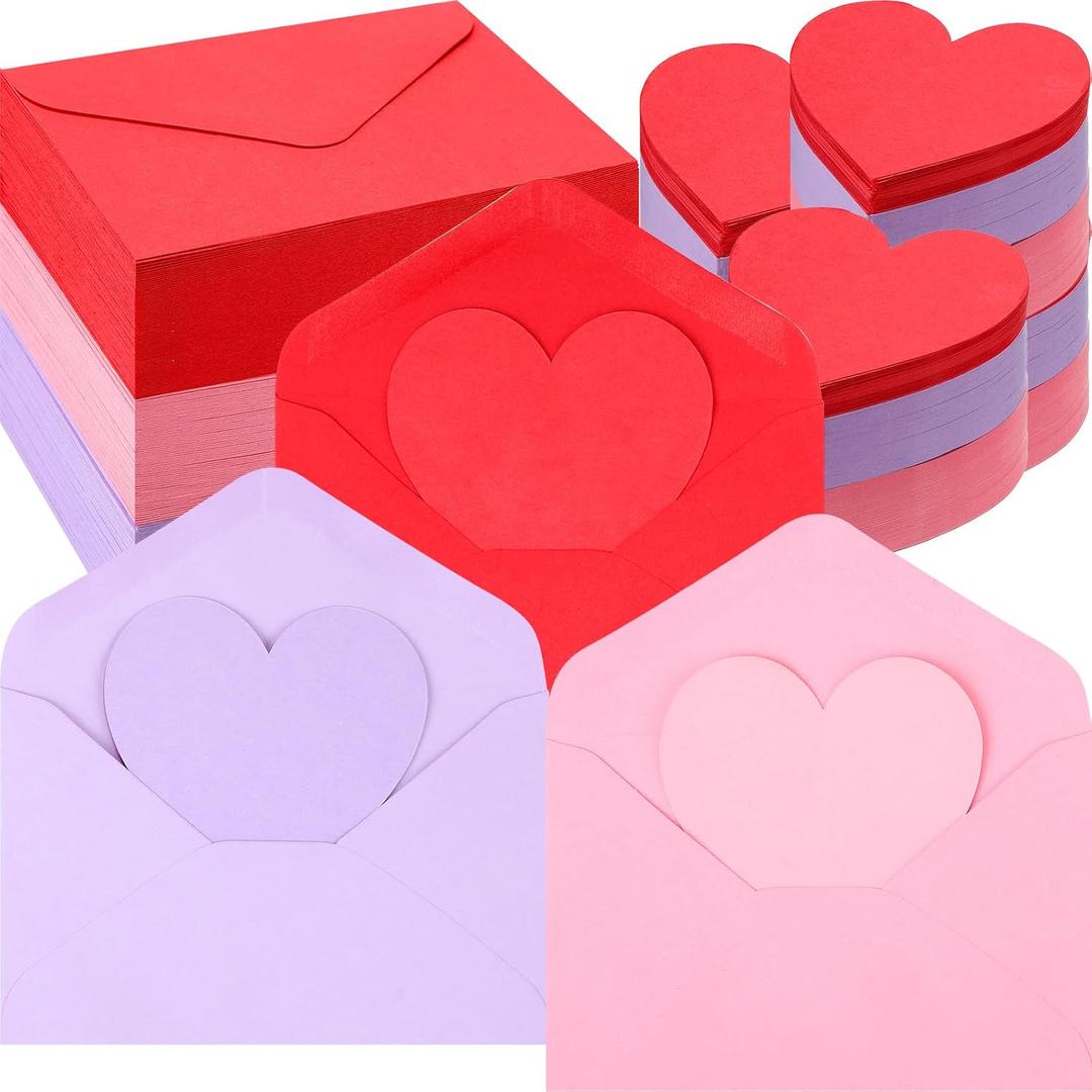 300 Pack Valentine's Day Business Envelopes with Heart Shaped Cards 3 Colors 4x6 Inch Envelopes Greeting DIY Cards for Anniversary and Valentine's Day