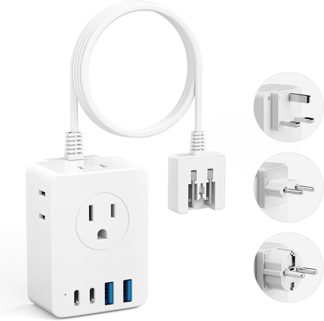 Kakyanill European Travel Plug Adapter, 5ft Detachable Extension Cord with Type C/G/E/F Plug Kit, 4 AC Outlets, 4 USB Ports (2 USB C), UK Germay France Greece Travel Plug Adapter