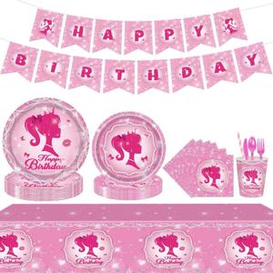 194 Pcs Pink Princess Party Supplies Kit for 24 Guests - Disposable Tableware Set with Plates Napkins Cups Cutlery Tablecloth & Banner, Ideal for Girls' Birthday Decorations