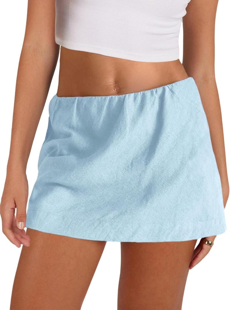 Gozoloma Womens Cotton Linen Skorts Casual Cute A-Line Mini Skirts with Ruffle Inner Waistband(Blue-M)