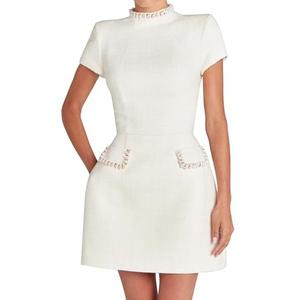 LuFeng Womens Sexy Short Sleeve High Neck Pearls Mini Dress Party Clubwear Club Bodycon Short Dresses White, Medium