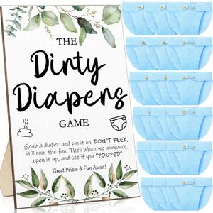 Roowest 51 Pcs Dirty Diaper Baby Shower Games Funny Wooden Sign with 50 Pcs Mini Diapers Cute Felt for Gender Reveal Party Baby Shower(Greenery Blue)