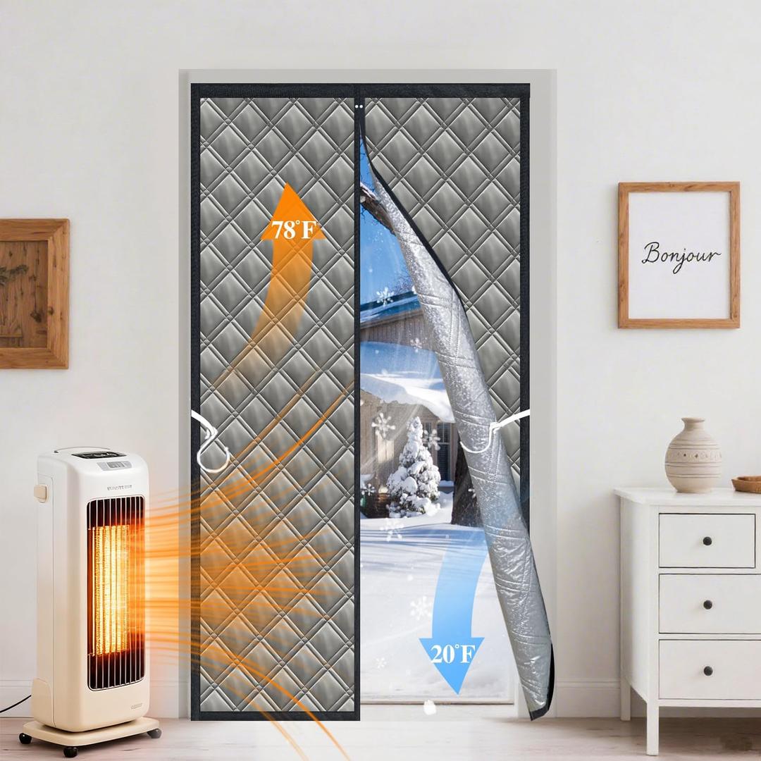 Magnetic Thermal Insulated Door Curtain 38 * 83",Door Cover Curtain Made of Oxford&Cotton&Aluminum Foil for Winter Blocks Drafts for Interior/Exterior Doors, Pet Friendly Energy Saver,Gray
