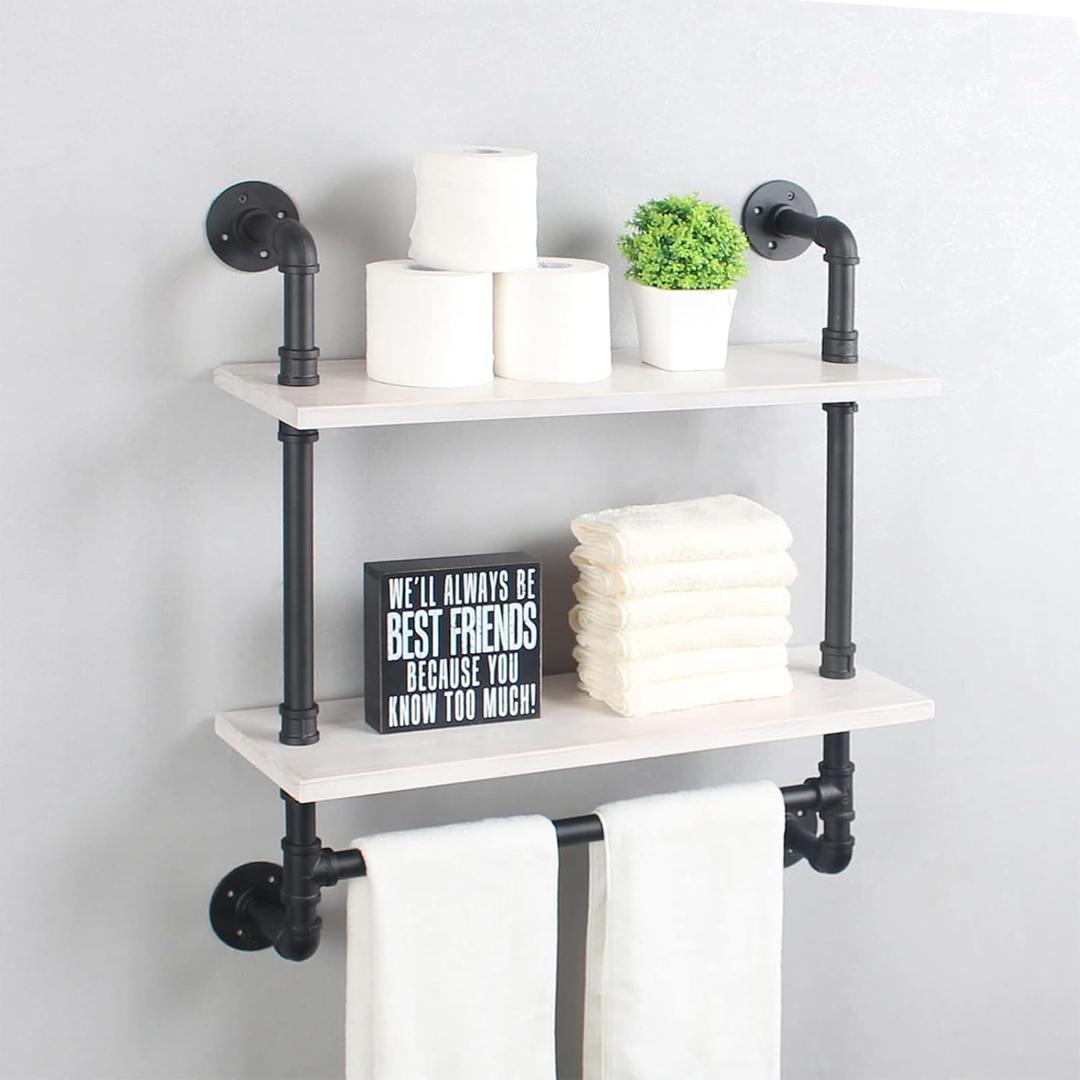 MBQQ Iron Pipe Shelves Industrial Bathroom Shelves with Towel bar,24in Rustic Metal Pipe Floating Shelves Pipe Wall Shelf,2 Tier Industrial Shelf Wall Mounted, Black & White