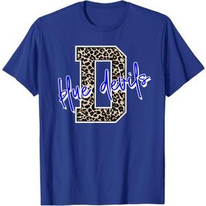 Blue Devil Leopard Print Letter T-Shirt, L, Blue