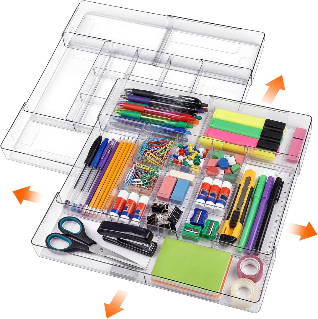 Briwooody 2 Pcs Large Expandable Acrylic Drawer Organizers, Grid Adjustable Drawer, Dividers Organizer for Desk, Makeup, Jewelry, Office, Kitchen Supplies (Clear, 15 Compartments)