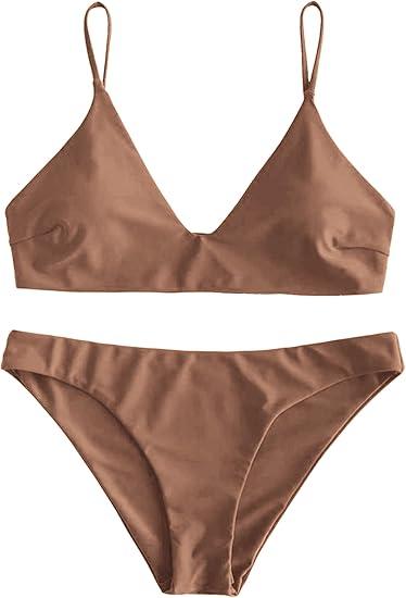 ZAFUL Women's Solid Spaghetti Strap Bralette Bikini Set Two Piece Swimsuit (1-Brown, Medium)