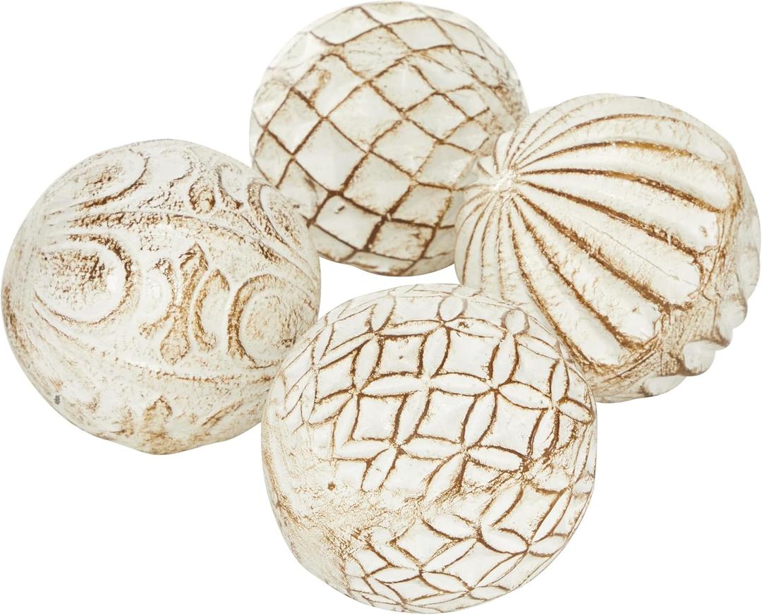 Deco 79 Ceramic Handmade Carved Decorative Ball Orbs & Vase Filler with Varying Patterns, Set of 3 4"W, 4"H, White