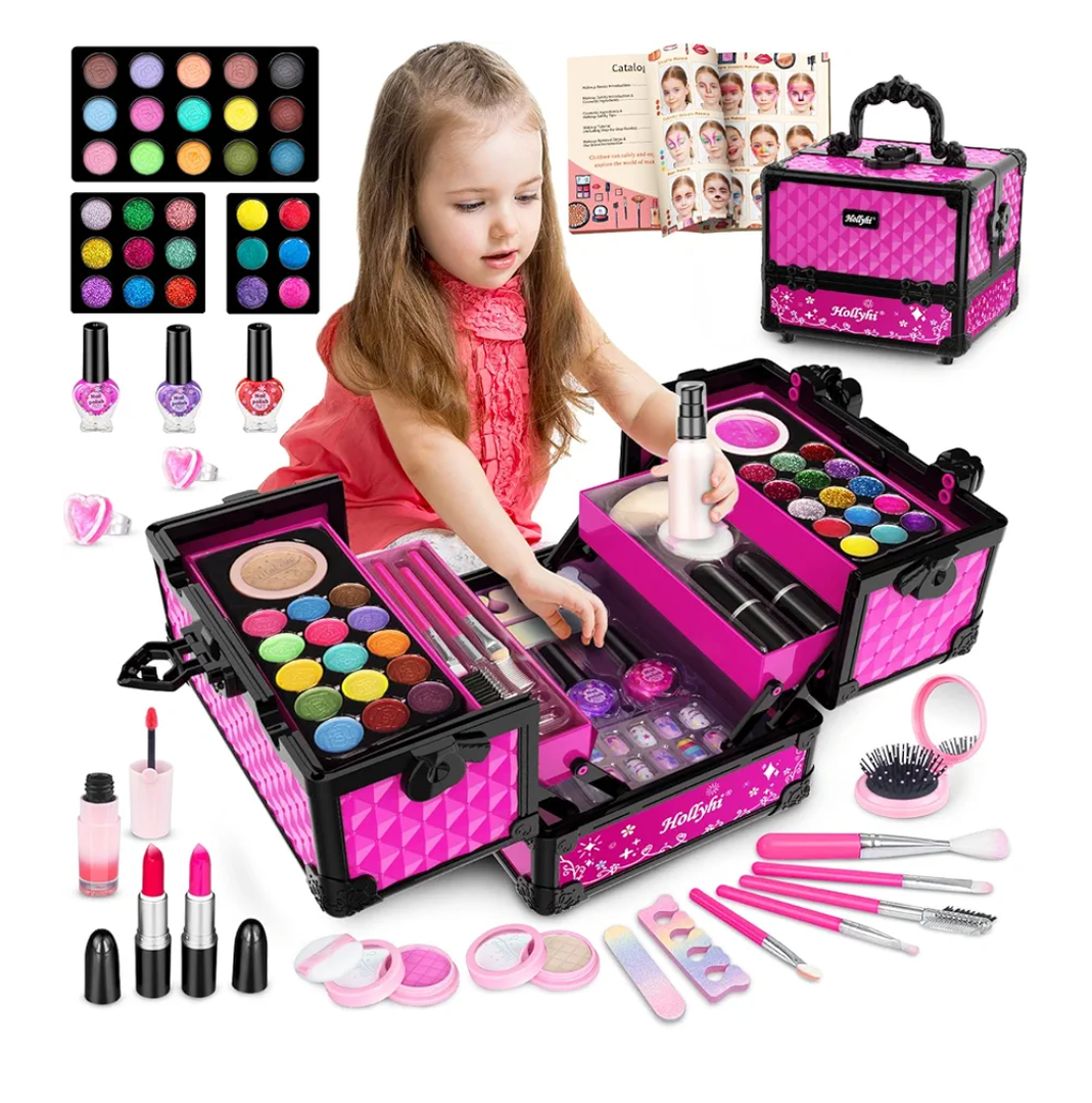 Hollyhi 59 Pcs Kids Makeup Kit for Girl, Washable Play Makeup Toys Set for Dress Up, Pretend Beauty Vanity Set with Cosmetic Case Birthday Toys for Girls 3 4 5 6 7 8 9 10 11 12 Years Old Kids Toddlers