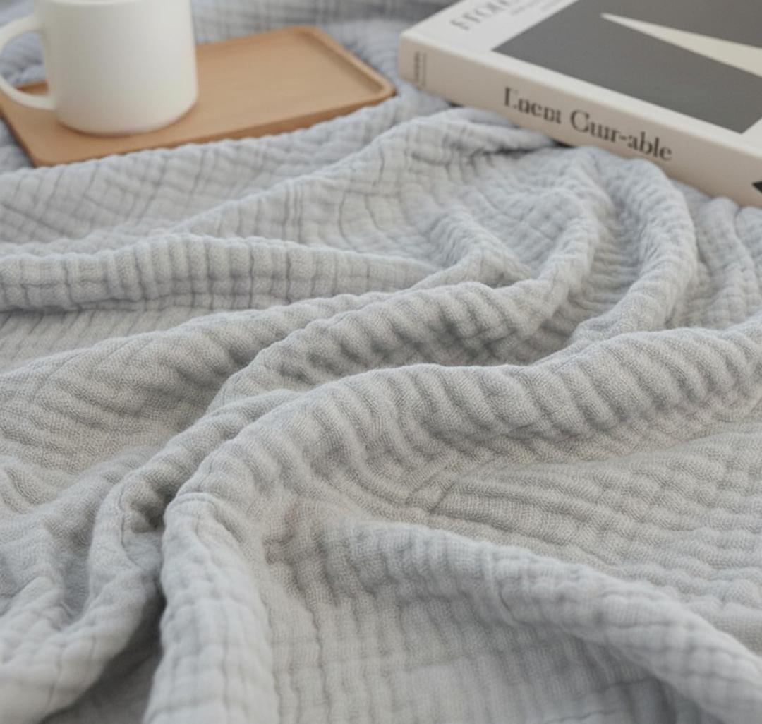 KyraHome 100% Organic Cotton Blanket 90"x90" Queen Muslin Blankets for Adults, Bed, Plant Dyed, Breathable Gauze Bedspread, Coverlet, All Season, Light Grey