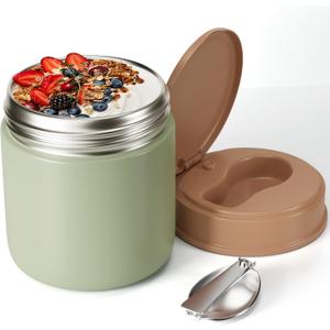 Insulated Food Jar for Kids - 15.2 Oz, Thermo for Hot Food, Soup Thermo, Insulated Food Container, Termos Para Comida Caliente, Width Mouth Stainless Steel Lunch Box with Spoon, Green