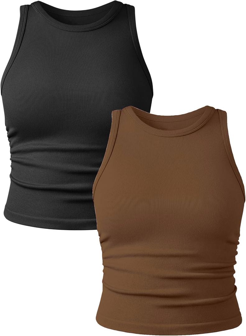 YIOIOIO Women's 2 Pieces Basic Seamless Tank Tops Sleeveless Crew Neck Workout Exercise Crop Camis (Brown, M)