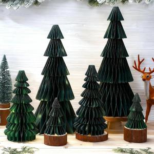 Faccito 8 Pcs Neutral Paper Christmas Trees Honeycomb Centerpiece Paper Honeycomb Christmas Tree with 2 LED Light Strings Hanging Decoration Table Centerpiece(Green Color,Charming Style)