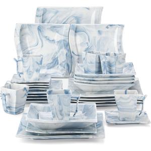 MALACASA Dinnerware Sets for 6, 30 Piece Porcelain Plates and Bowls Sets, Square Dish Set with Dinner Plate and Bowl, Cup and Saucer, Blue Dishes Dinnerware Set, Modern Dishware Sets, Series Flora