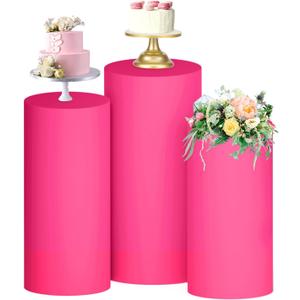 FUHSY Hot Pink Spandex Cylinder Cover Set of 3 Pedestal Cylinder Stand Covers Spandex Plinth Stand Pillar Cover Elastic Pedestal Covers for Cake Dessert Metal Stands Wedding Baby Shower Prom Decor