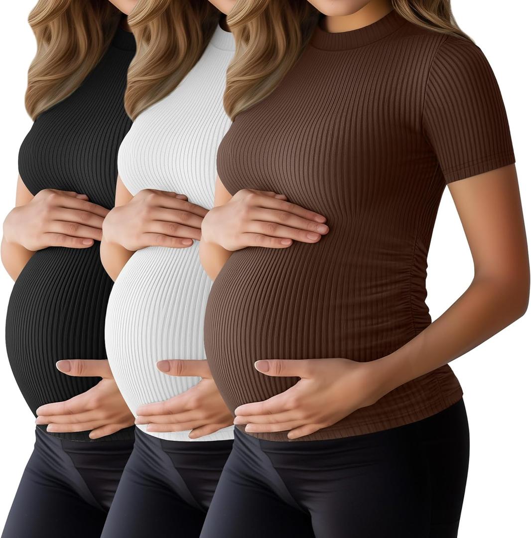 Ficerd 3 Pack 92% Cotton Ribbed Maternity T-Shirts for Women, Mock Turtleneck Side Ruched Slim Short Sleeve Pregnancy Tops (XX-Large, Black, White, Coffee)