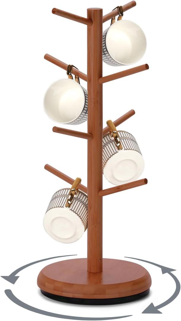BAMBANG Mug Holder, 360 Rotating Mug Tree Holds 8 Coffee Cups, Space Saving Mug Stand with Stable Base for Kitchen Coffee Bar (Tea Brown)