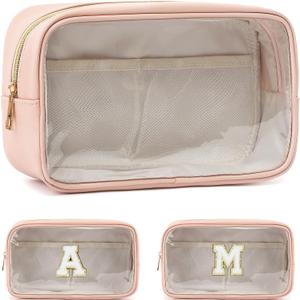 Fammart Clear Makeup Bag with 2 Customizable Chenille Letters - Waterproof PU Leather Cosmetic Case, Large Personalized Toiletry Pouch for Women & Teens, Ideal for Travel & Gift