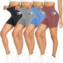 FULLSOFT 4 Pack Biker Shorts for Women with Pockets  5" High Waisted Tummy Control Workout Yoga Running Gym Tennis Shorts (Small-Medium, 4 Pack Black/ Grayishpink/ Light Grey/ Blue)