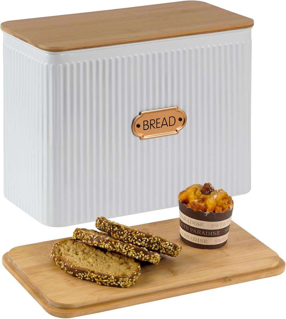 Extra Large Bread Box for Kitchen Countertop Corner Breadbox for Homemade Bread Metal White Vertical Stripe Pattern Embossed Storage Container Bin with Bamboo Lid Fits 2 Loaves of Bread