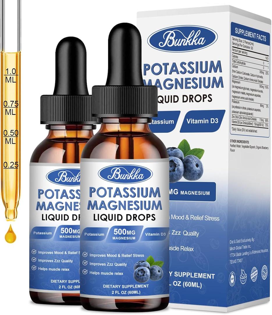 (2 Pack) Potassium Magnesium Supplement Liquid with Potassium, Magnesium,Calcium, Vitamin D3, Zinc, for Adult and Kid, Sugar Free