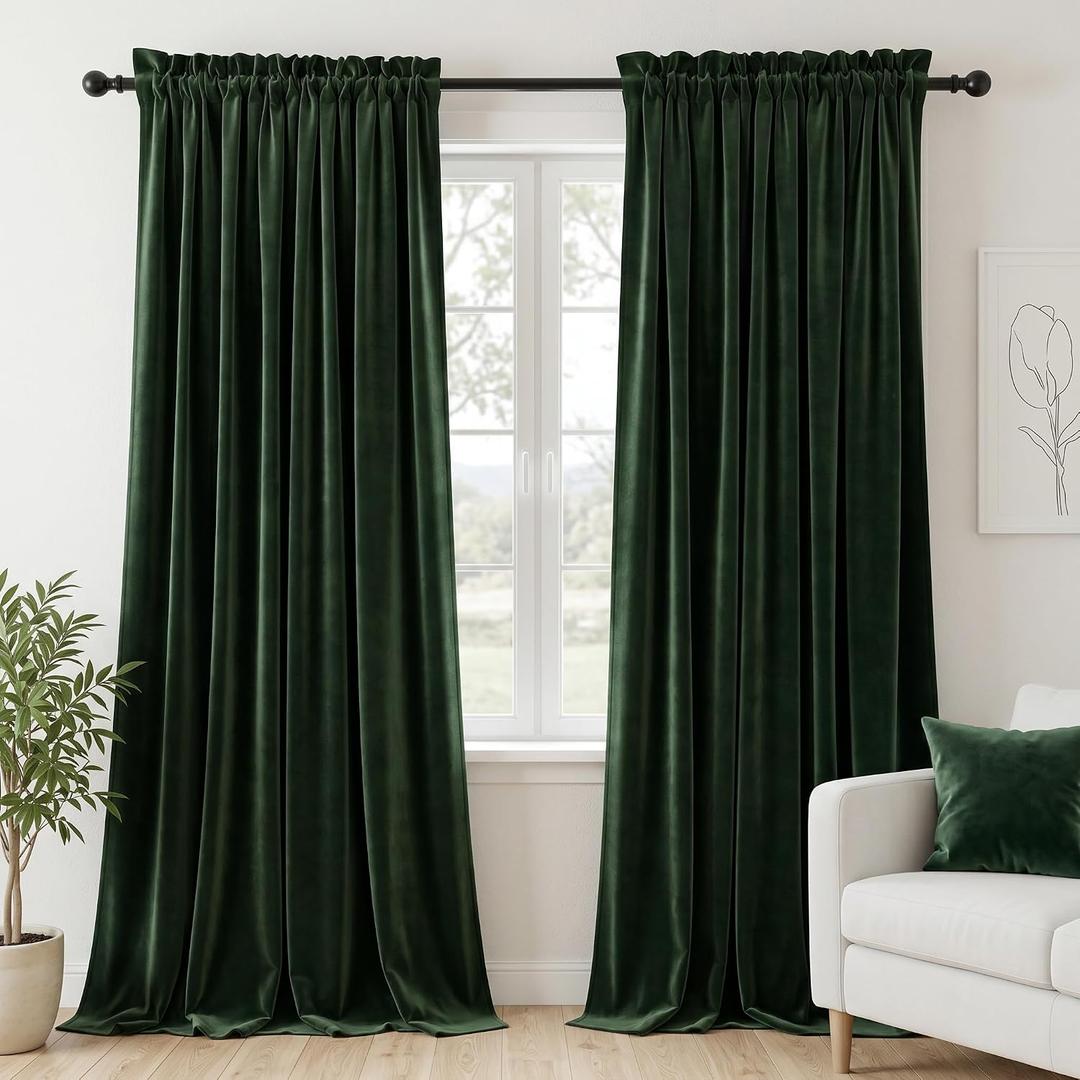Dchola Dark Green Velvet Curtains for Bedroom Window, Super Soft Vintage Luxury Heavy Drapes, Room Darkening Rod Pocket Curtain for Living Room, W52 by L96 inches, 2 Panels