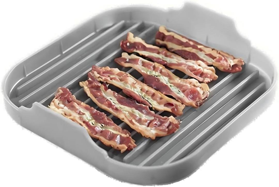 Bacon Cooker for Microwave Oven, HOMOMSAE Large Soft Silicone Food Grade Microwave Meat Bacon Tray - 10 inch Bacon Plate, Grey