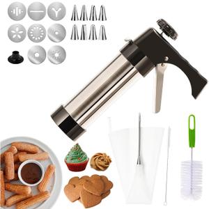 Churro Maker Machine, 3-in-1 Churro Spritz Cookie Press Gun Set, Thickened Stainless Steel Churrera Churro Kit with Piping Bag, 8 Discs and 8 Icing Piping Tips, 2 Brushes