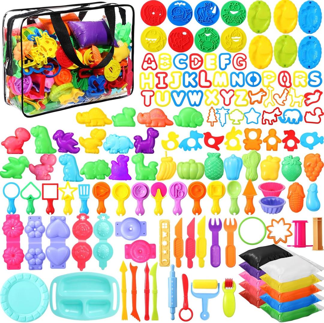 HyDren 142 Pcs Playdough Accessories Set for Kids Include 131 Dough Tools 10 Colored Dough and Storage Bag Various Plastic Molds DIY Play Toys for Boy Girl Birthday Party Classroom Gifts