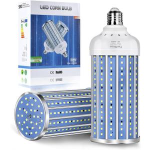LED Corn Light Bulb 500W Equivalent 5000 Lumen 6500k 50W Large Area Cool Daylight White E26/E27 Medium Base Corn Bulb for Outdoor Indoor Garage Warehouse Factory Workshop Street Backyard (Pack of 2)