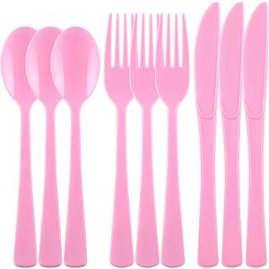 Kochorie 300 Pieces Graduation Light Pink Plastic Silverware Heavy Duty Plastic Cutlery Set Heavyweight Disposable Flatware Includes Spoons Forks Knifes for Birthday Party Prom Night Wedding Dinner