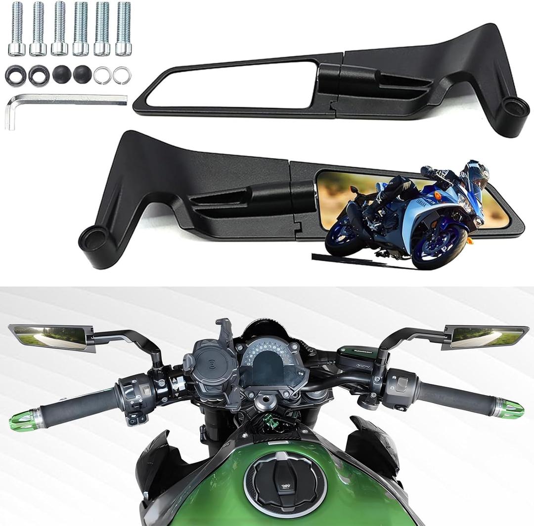 Motorcycle Rear View Mirrors, Adjustable 360 Rotating Stealth Wind Wing Side Mirrors Compatible with Kawasaki Z400 Z650 Z1000 Duke 125 200 250 390 690 790 1290 etc (8mm, 10mm)