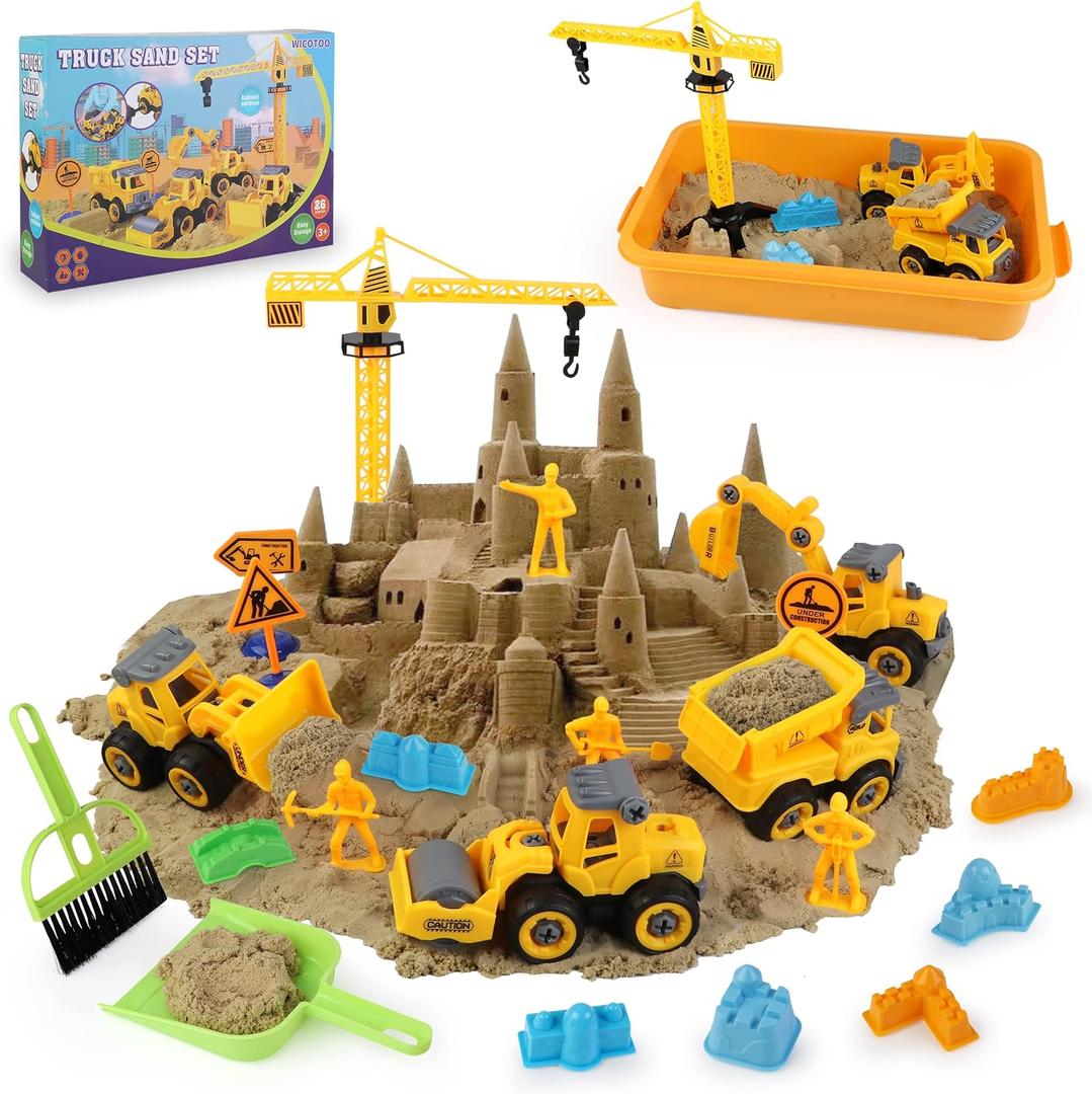 Sand Construction Kit,Sandbox,2.2lbs Magic Sand W/4 Take Apart Construction Trucks,Tower Crane,8 Sand Molds,4 Worker Figures,4 Road Signs,Toys for Boys Girls Age 4-8