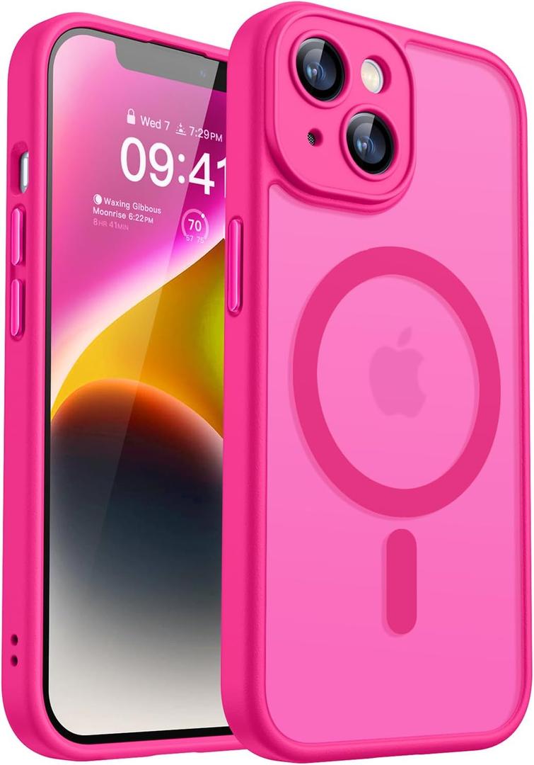 CANSHN Magnetic for iPhone 14 Case, Upgraded [Full Camera Protection] [Compatible with Magsafe] [Translucent Matte] Shockproof Protective Phone Case for iPhone 14 6.1" - Hot Pink