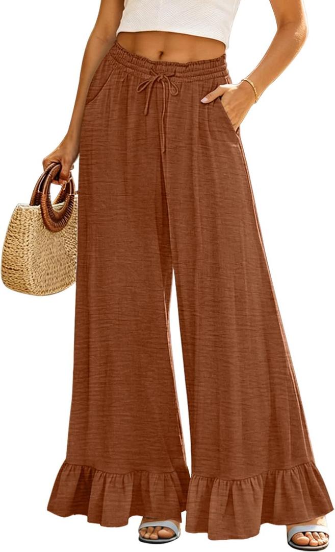 YESNO Women Wide Leg Pants Summer Flowy Ruffle Hem Pants Drawstring Elastic Waist Casual Trousers with Pockets PFL (Brown, L)