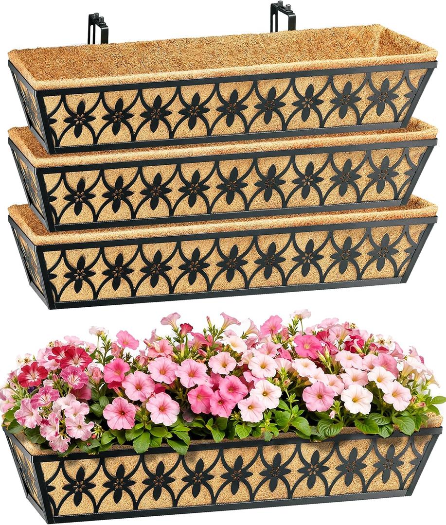 30 Inch Window Boxes Planters Railing Planter Box - 4 Pack Deck Railing Planter Boxes with Adjustable Brackets Coco Liners Balcony Planters Railing Hanging for Window Flower Boxes Outdoor Garden Decor