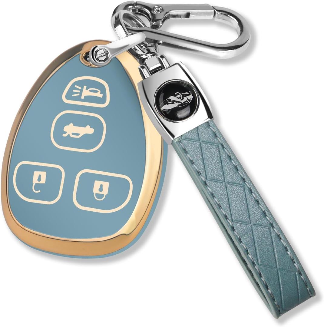 QBUC for Chevy Key Fob Cover with Keychain Soft TPU Gold Trim Protection Case Compatible with 2007 - 2015 Chevy Avalanche Captiva Express Silverado Suburban Acadia Savana Sierra 4-Buttons(Blue)