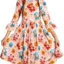 RONGTAI Girls Dress Back to School 3D Cartoon Print Round Neck Lightweight Casual 3/4 Flutter Sleeve Party Dresses Size 6-12 (10-11 Years, Animal)