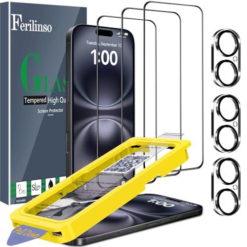 Ferilinso [Auto Dust Install] 3 Pack Screen Protector for iPhone 16 Plus [Phone Case fit], 3 Tempered Glass Camera Lens Protector Accessories for Apple