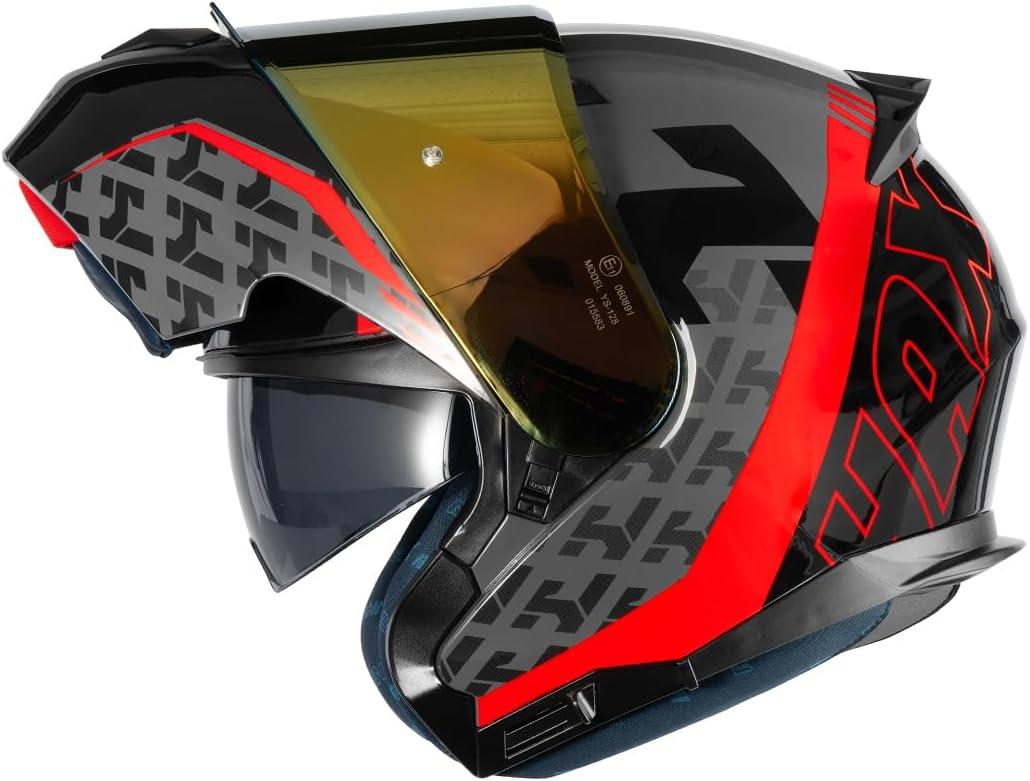 HAX Amatista Modular Flip-Up Dual Visor Motorcycle Helmet - DOT/ECE Approved, Lightweight, Comfortable, and Stylish Helmet for Men and Women (Wind Red XXL) (Black)